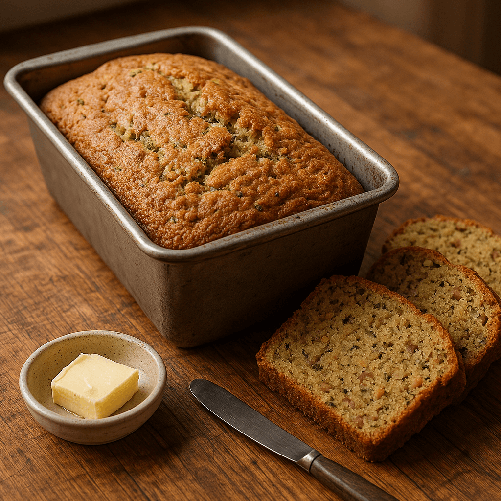 Zucchini Loaf in a loaf pan served with butter