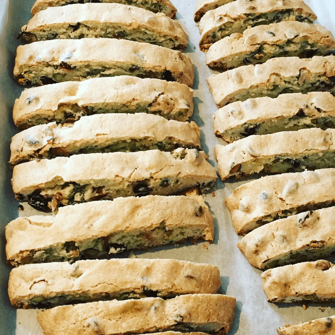 Cran Pecan Biscotti Square and Compressed Biscotti baked and lined up nicely