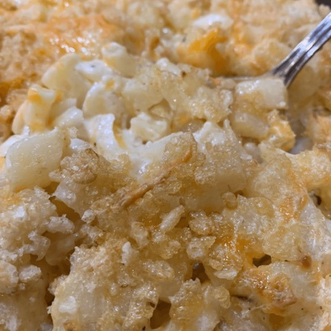 Up close image of hash brown casserole finished