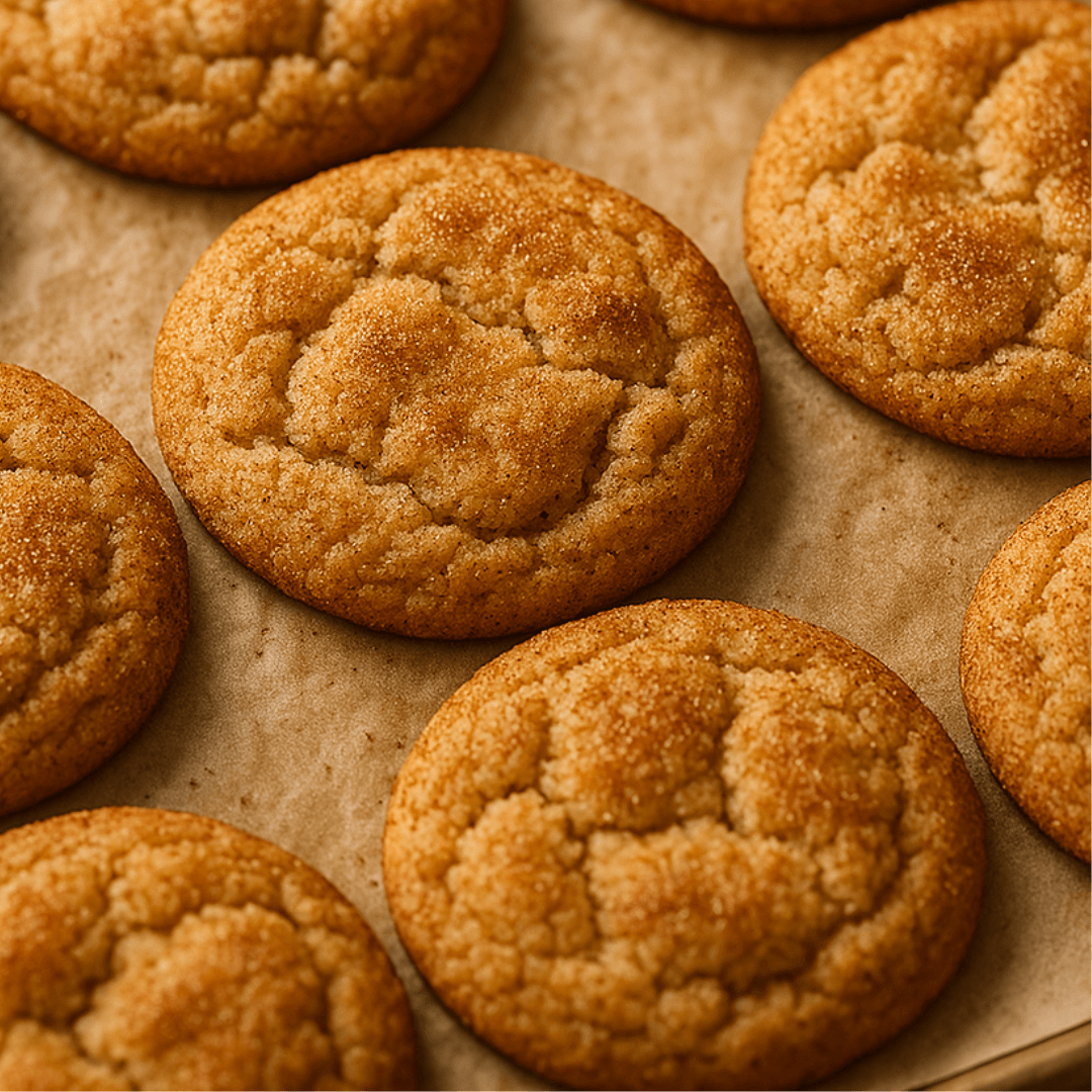 Many snickerdoodle cookies on a sheet pan
