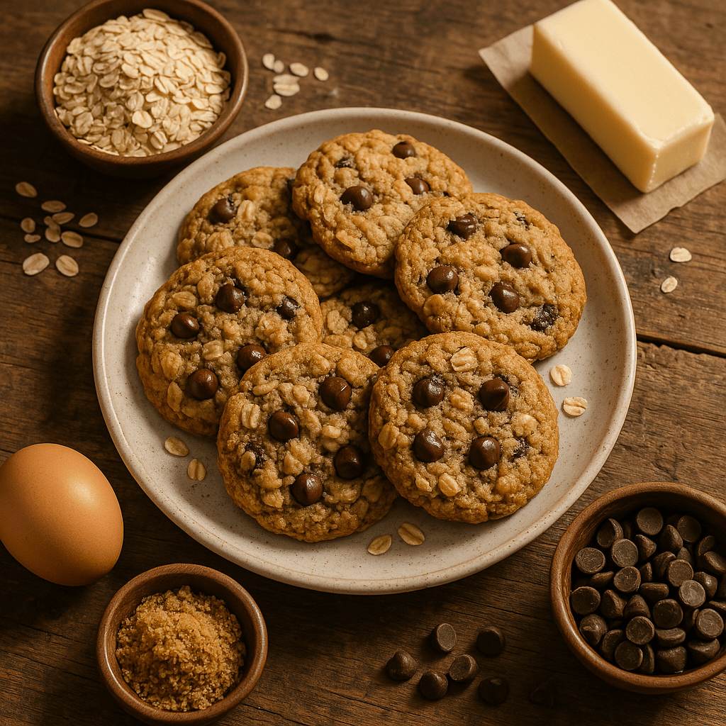oatmealchocolatechipSquarecompressed A plate of chocolate chip oatmeal cookies with ingredients around it
