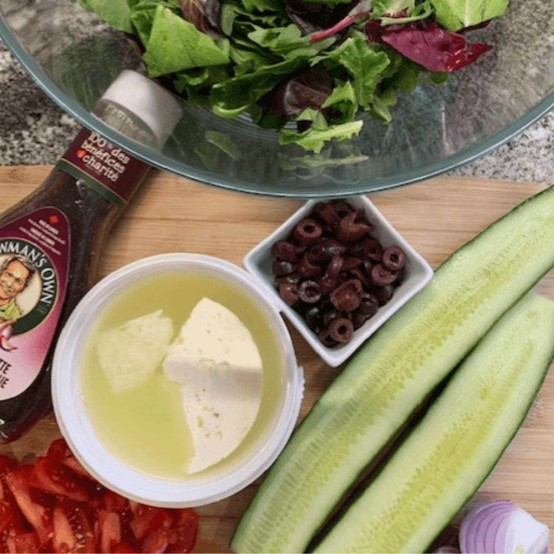 Greek Salad ingredients arranged neatly